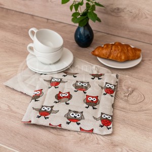 Printed half linen tray for hot pot "Owls orange"